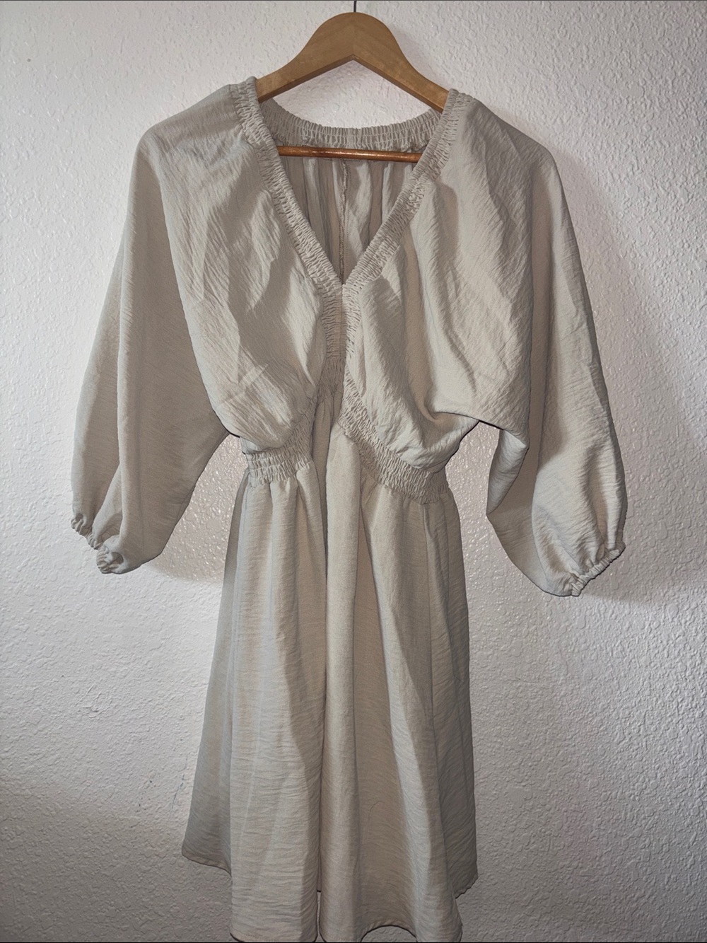 SHEIN Light Beige V-Neck Smocked Waist Balloon Sleeve Dress